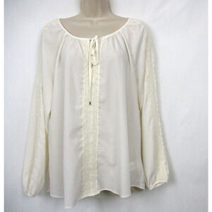 Saint Tropez West Top Large Womens Crochet Lace Keyhole Tie Neck Blouse Cream
